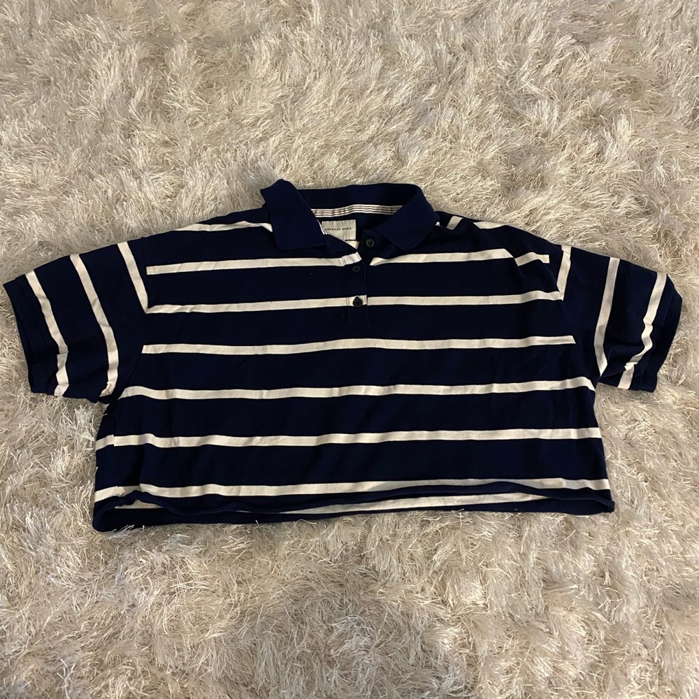 navy blue and white cropped button up